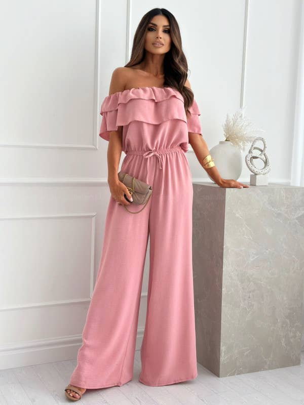 Line-neck wide-leg romper with ruffles