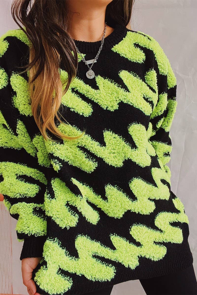 Long sleeve knit sweater with wavy stripes flocking