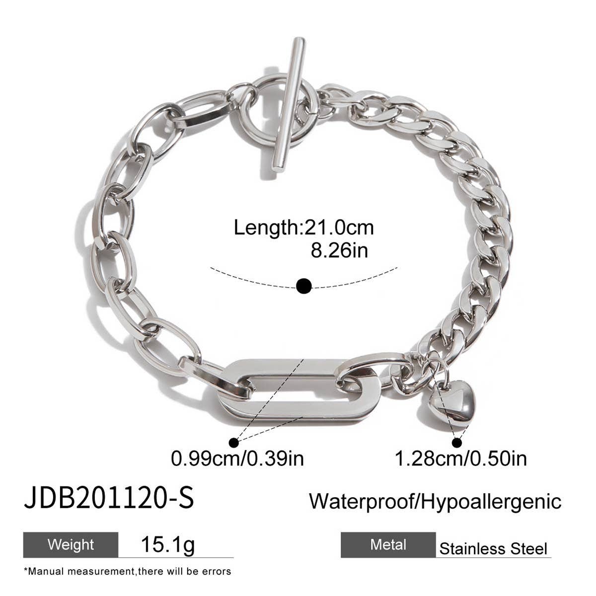 Luxury Heart OT Clasp Cuban Oval Chain Bracelet