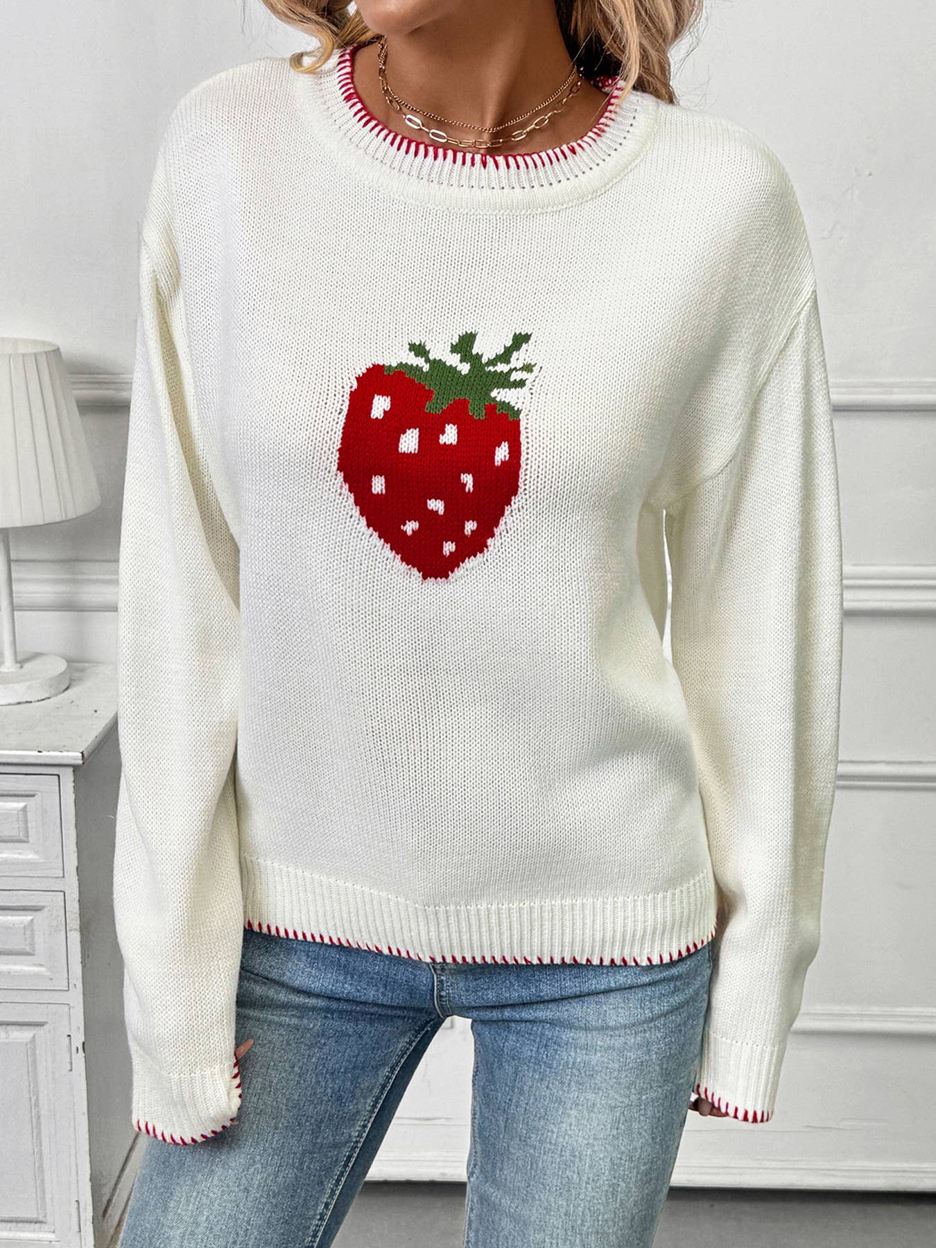 Strawberry jacquard round-neck stitched sweater
