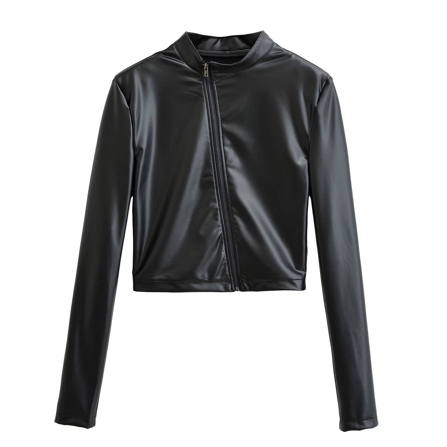 Stand-up collar slanted zipper leather jacket