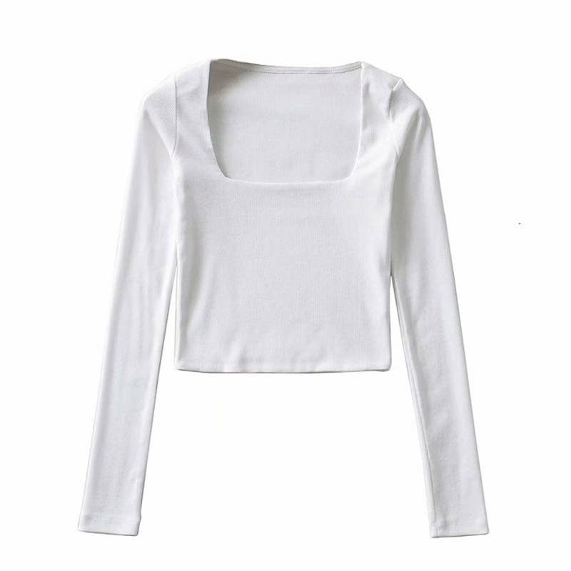 Square-neck solid-color long-sleeved T-shirt