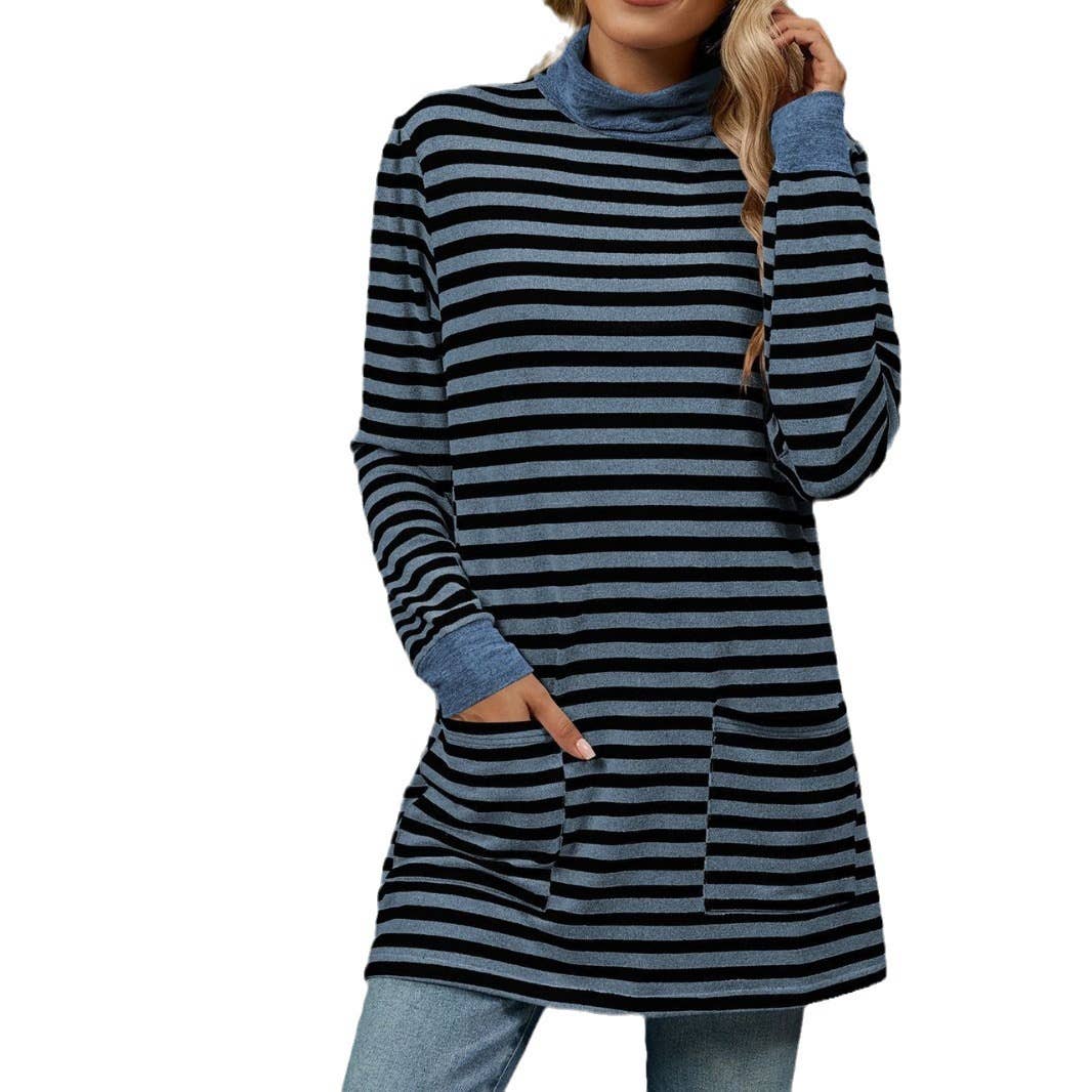 STRIPED BAGGY POCKET HIGH-NECK LONG-SLEEVED SHIRT
