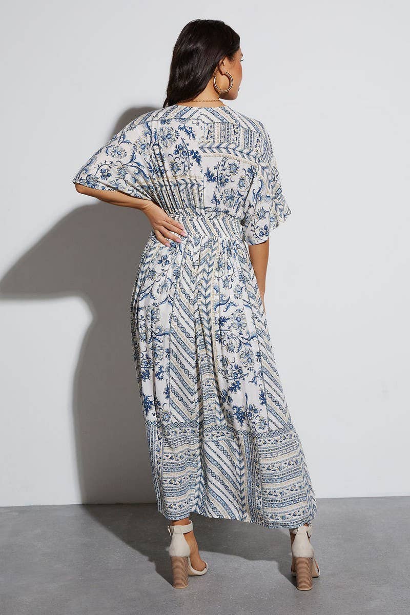 CWDMD5517_FLORAL V NECK SHORT SLEEVE MAXI DRESS