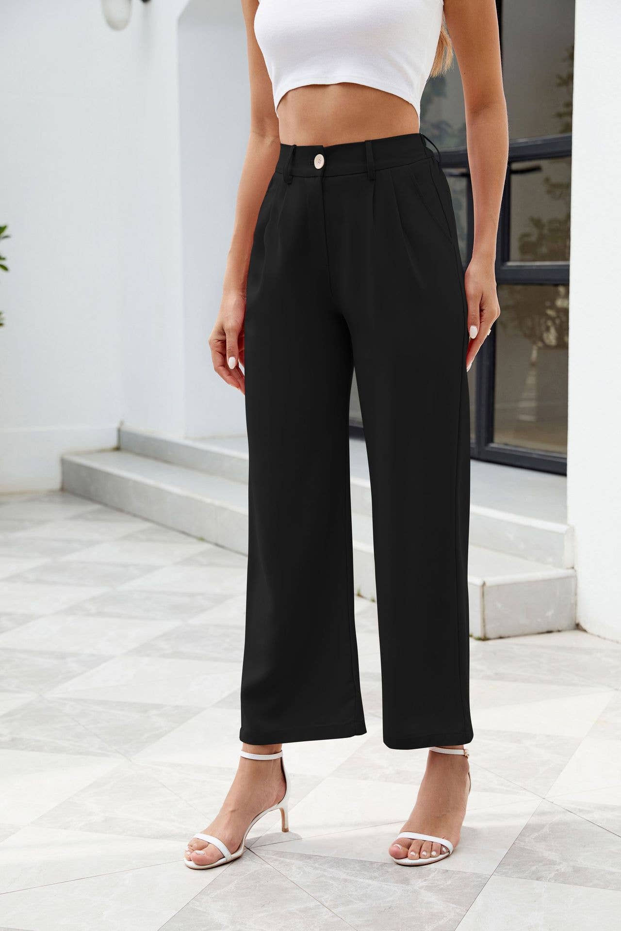High-waisted solid-color long straight-leg pants