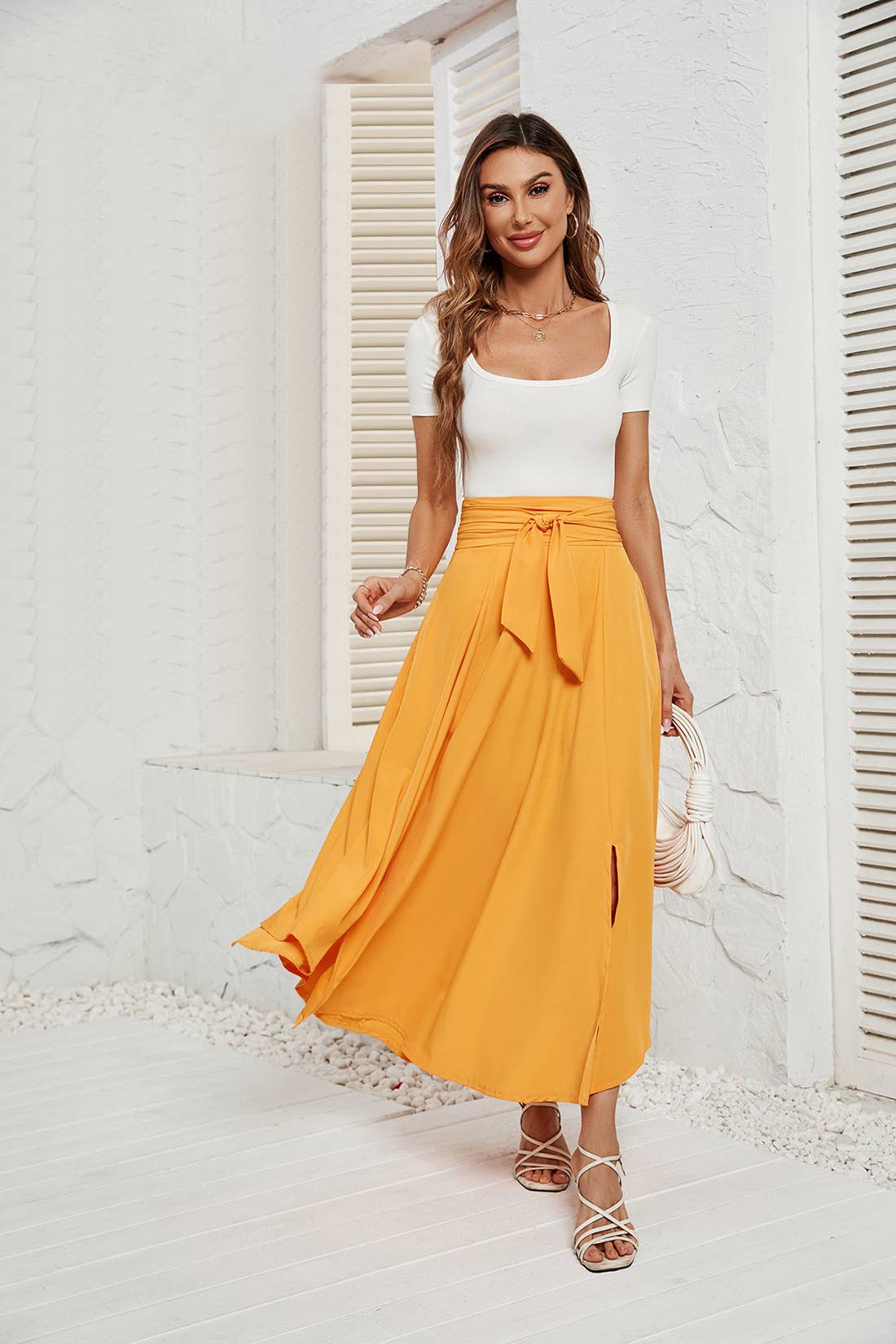 Solid color artistic lace-up skirt