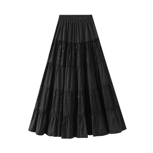Paneled Cake A-Line Pleated Skirt with Flowing Hem_CWBMS0355