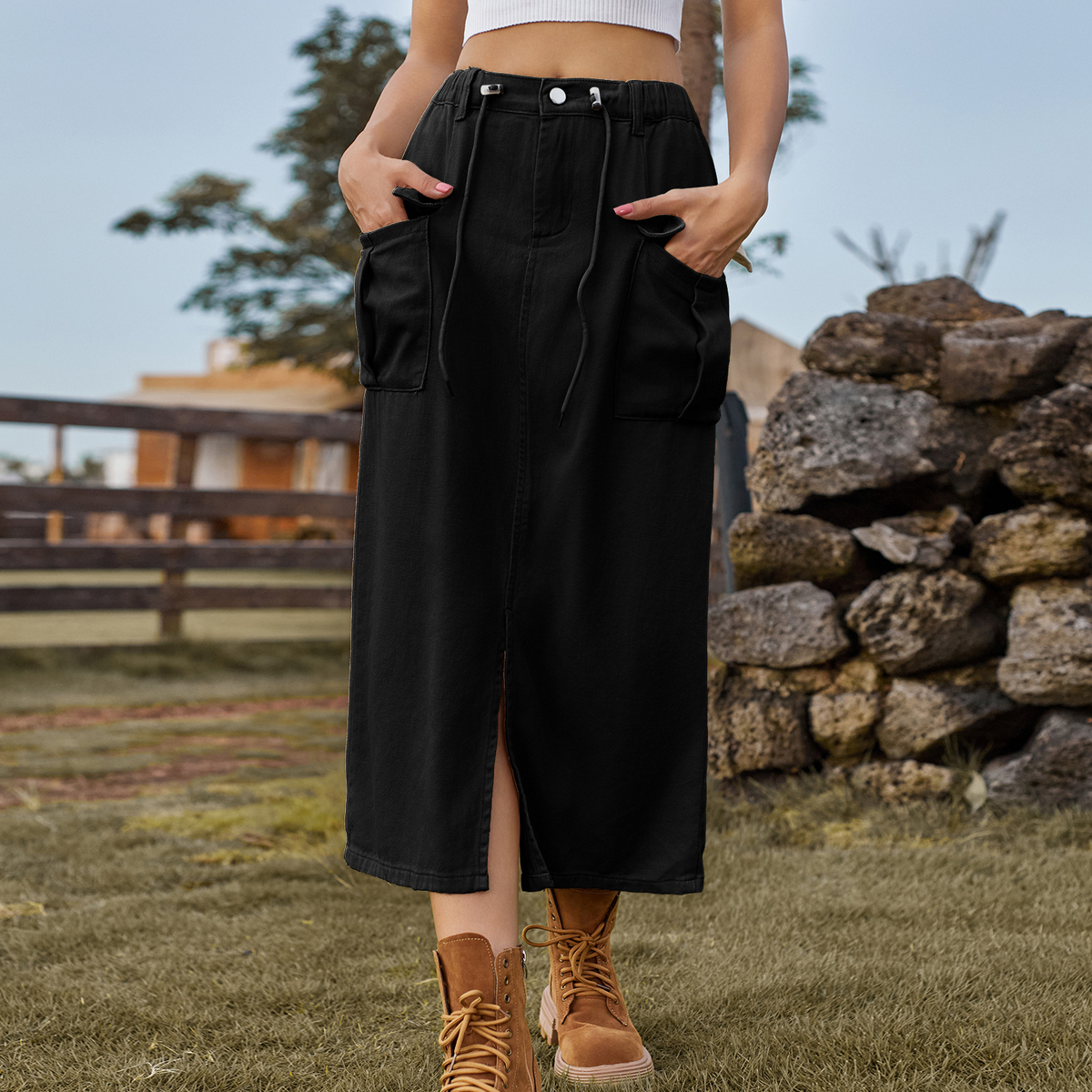 Washed Denim Cargo Skirt with Slit for Women