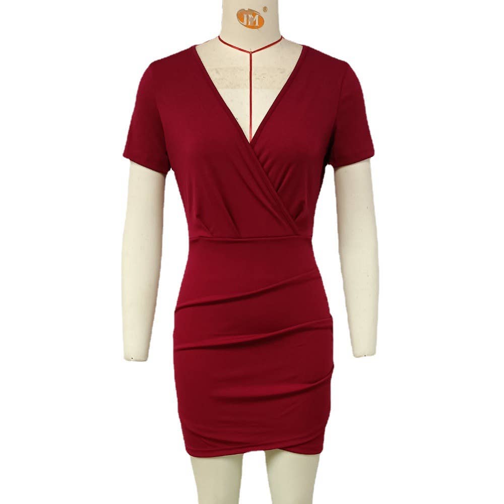 Waist pleated V-neck short-sleeved dress