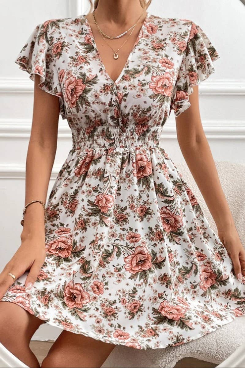 CWDSD10544_ELEGANT FLUTTERING SLEEVE WAIST FLORAL DRESS
