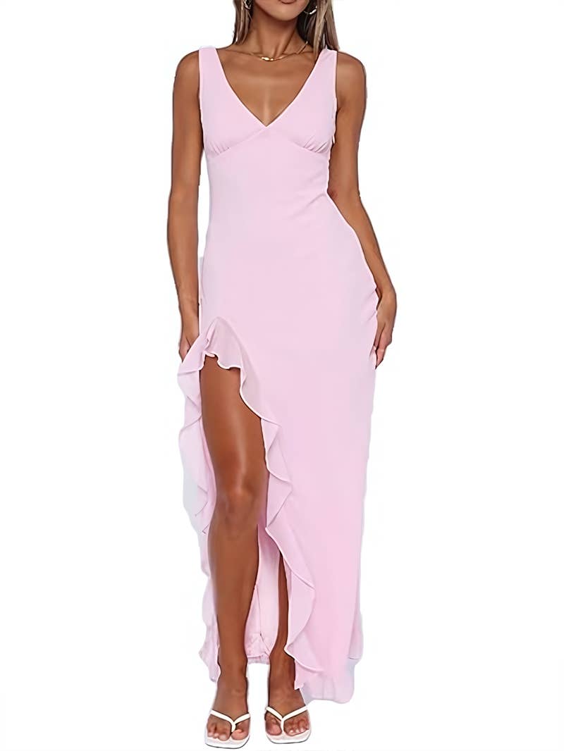 Slit V-neck black ear-trimmed backless dress