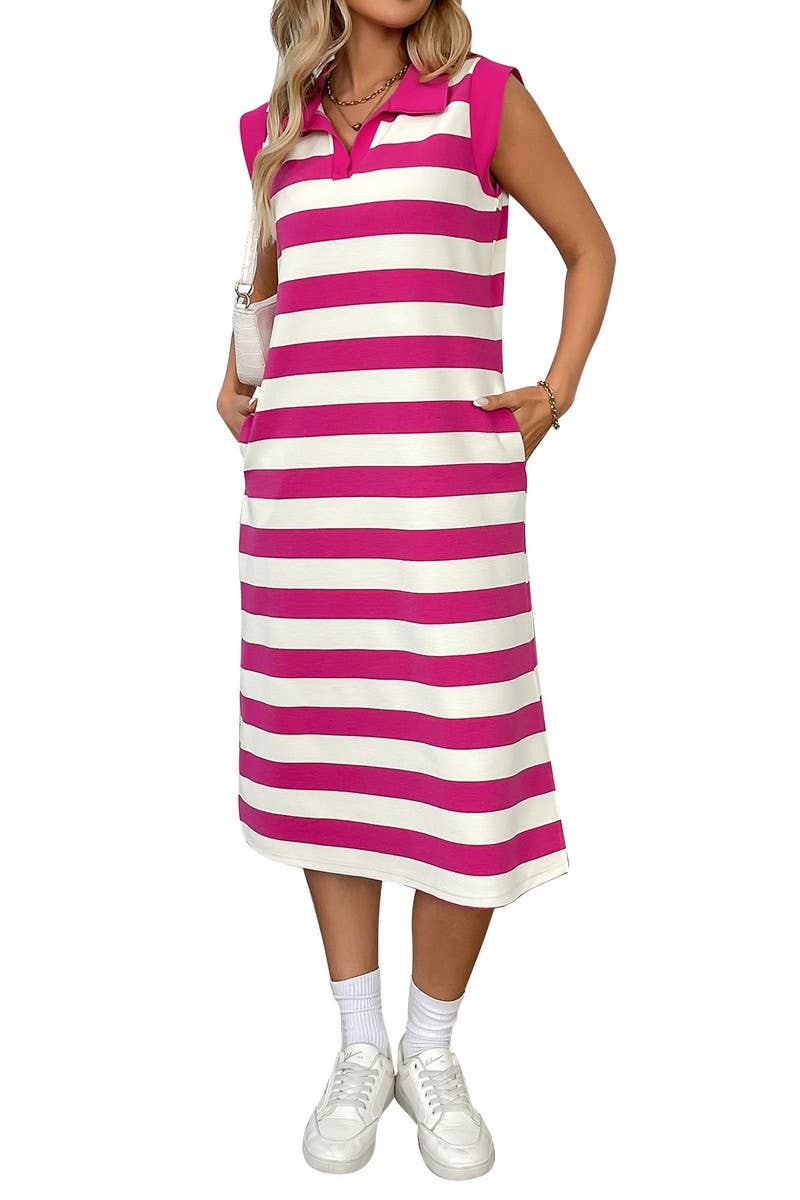 CWDMD4896_SUMMER STRIPED POCKET LAPEL SLEEVELESS LONG DRESS