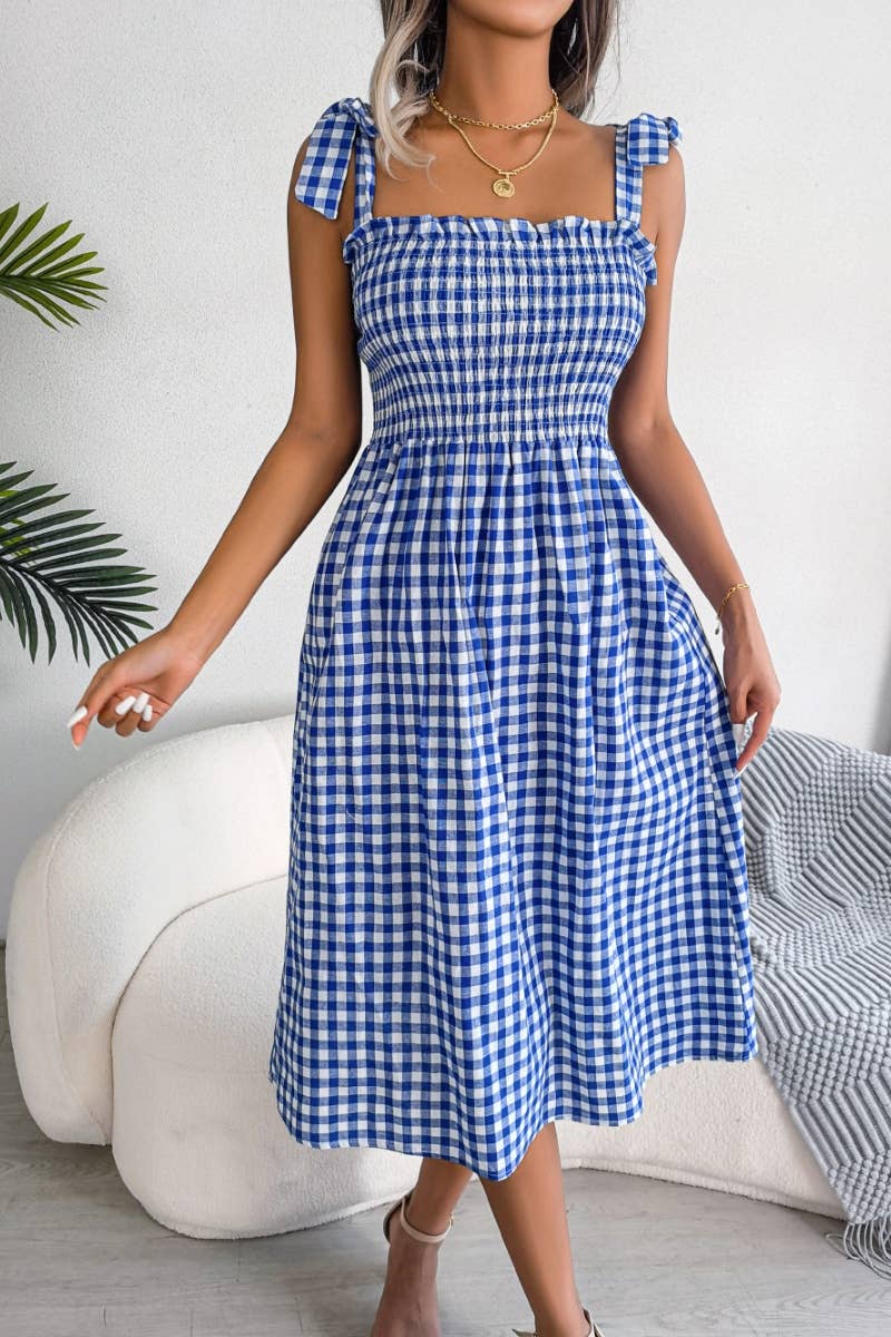CWDHL0520_SUMMER CASUAL LACE-UP PLAID DRESS MID-LENGTH