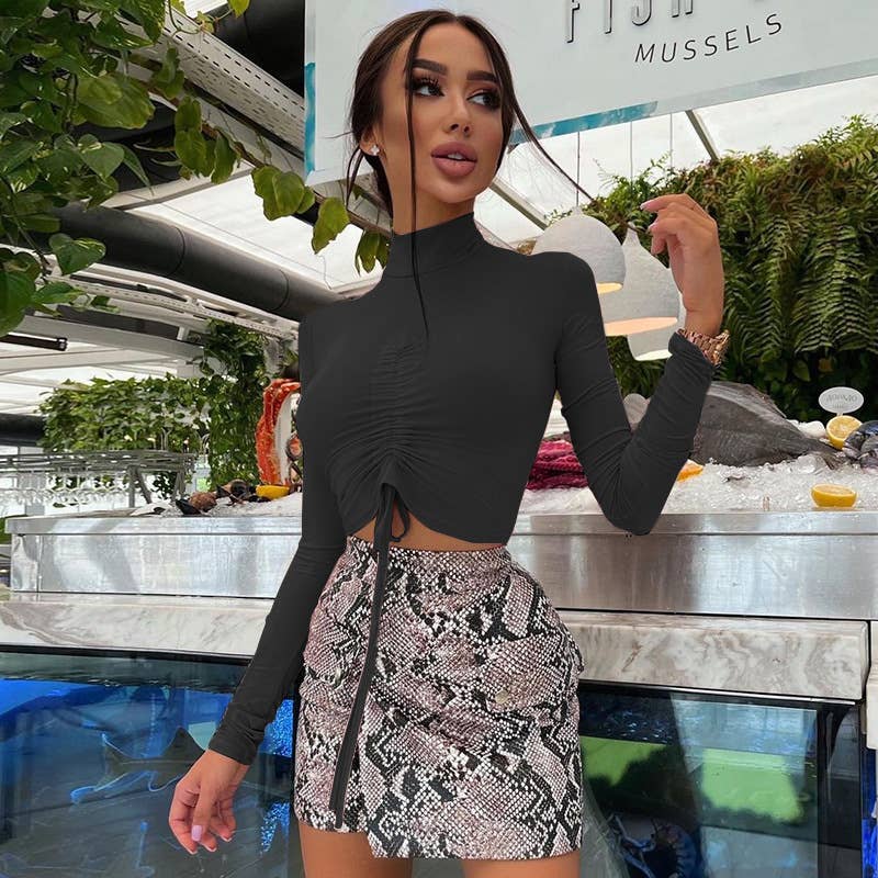 FASHION PLEATED MIDRIFF HALF-NECK T-SHIRT