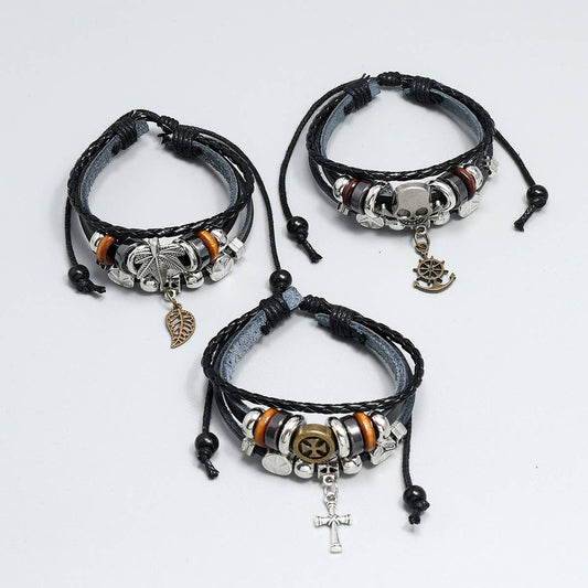 CREATIVE BEADED CROSS LEATHER BRACELET
