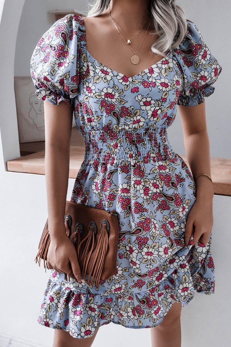 SQUARE COLLAR LANTERN SLEEVE FLORAL FLOUNCY DRESS_CWDSD2500