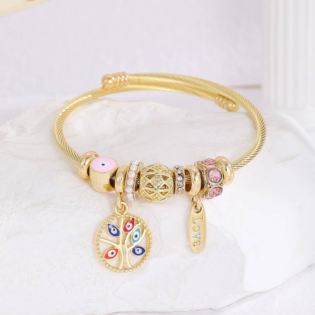 Gold Bracelet with Tree, Heart & Tail Charms