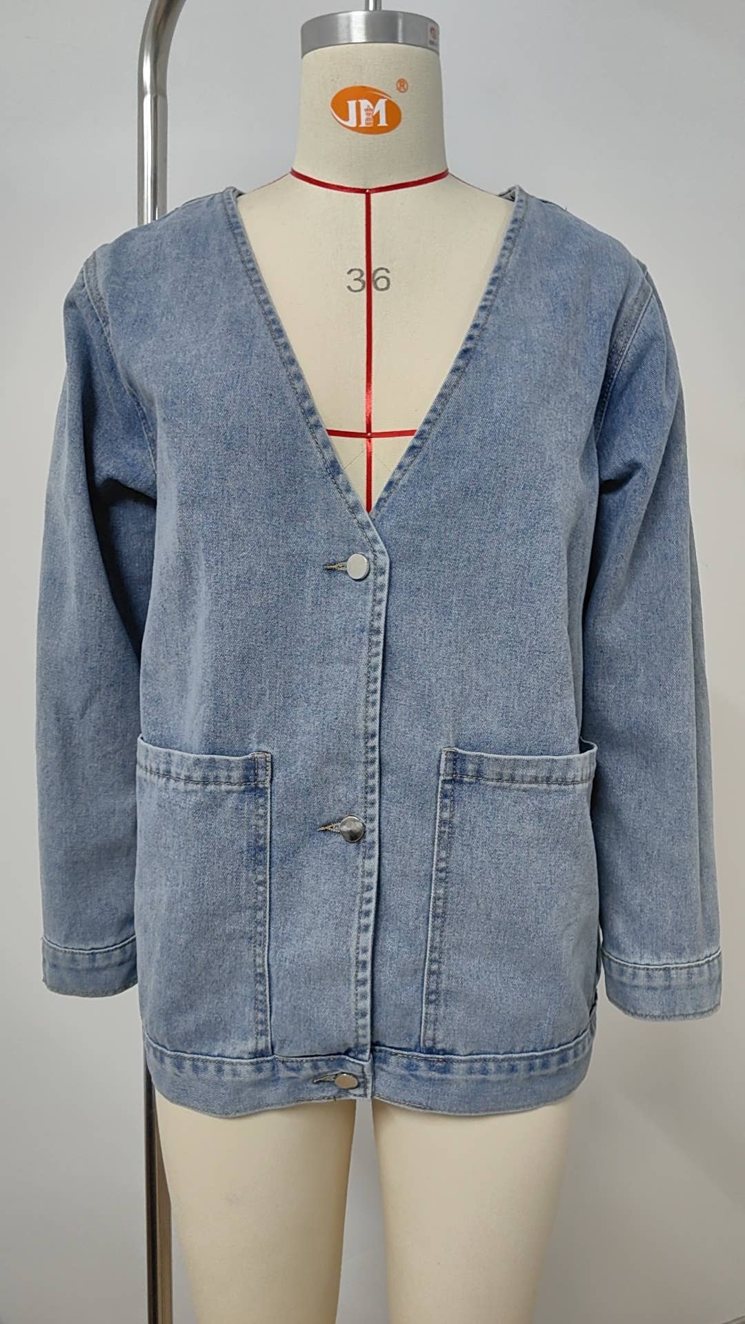 WASHED LONG SLEEVE V-NECK DENIM COAT TOP