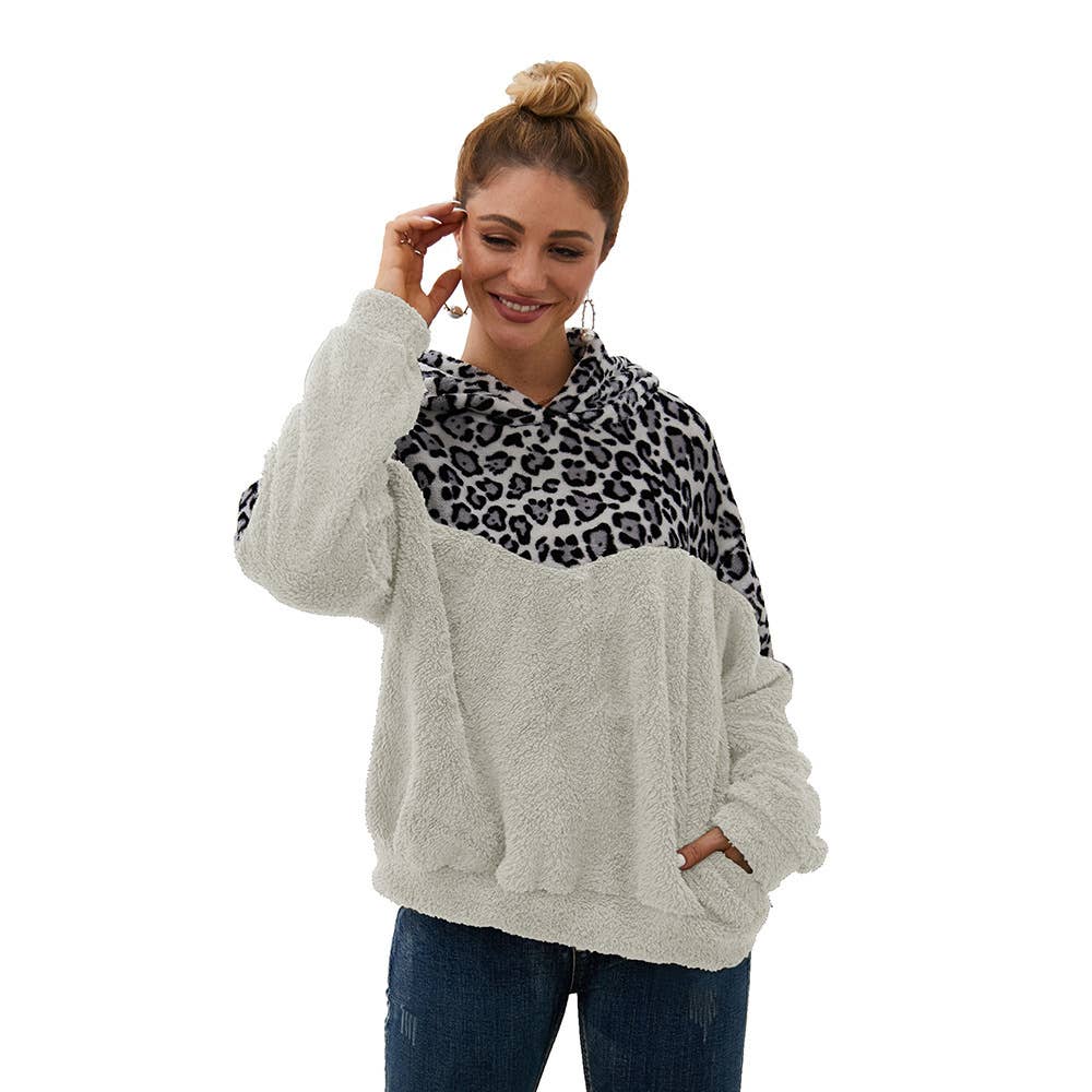 LEOPARD PRINT SPLICED DOUBLE-SIDED PLUSH HOODIE