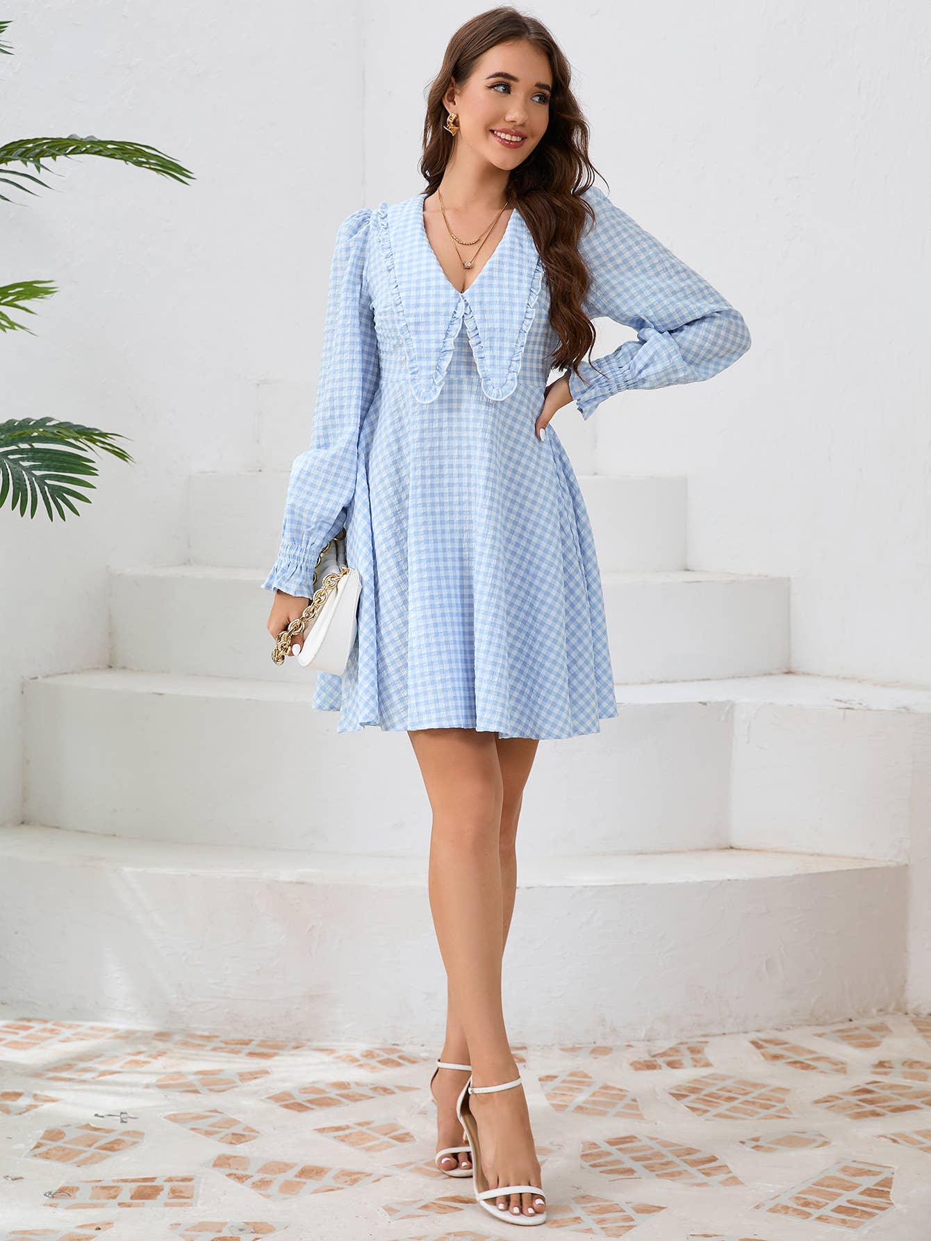 Plaid V-Neck Long Sleeve Fit and Flare Dress