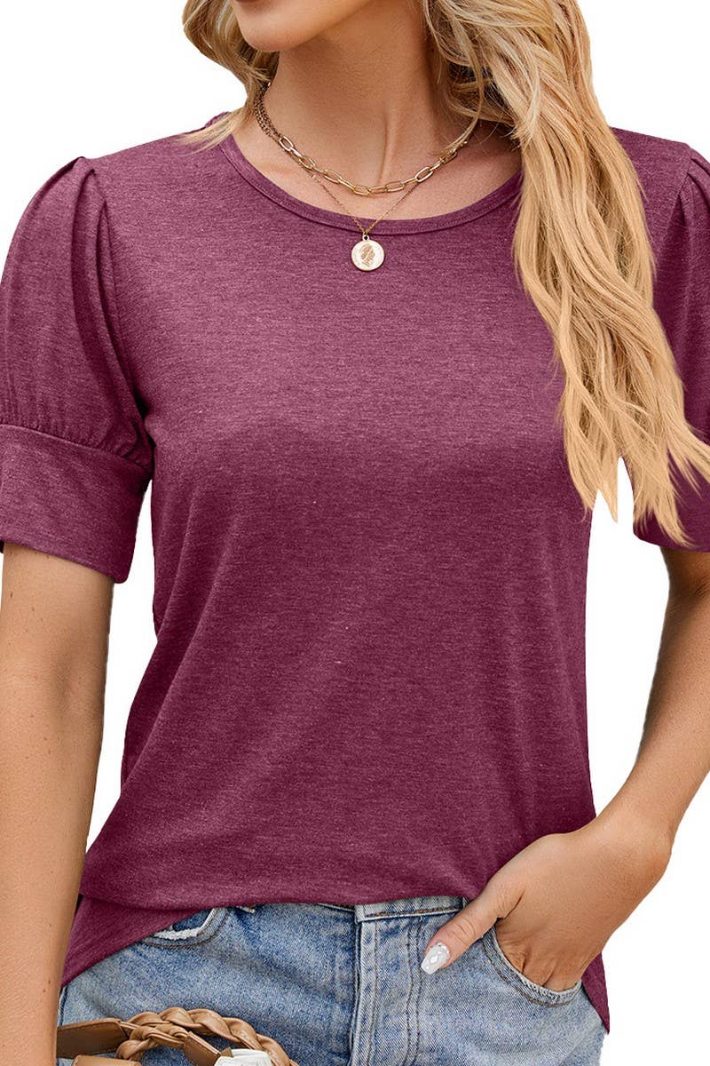 ROUND NECK SOLID COLOR BUTTON UP T SHIRT_CWTSTS0193