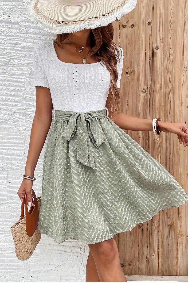 CWDSD8765_SUMMER SQUARE NECK PATCHWORK SLIM DRESS