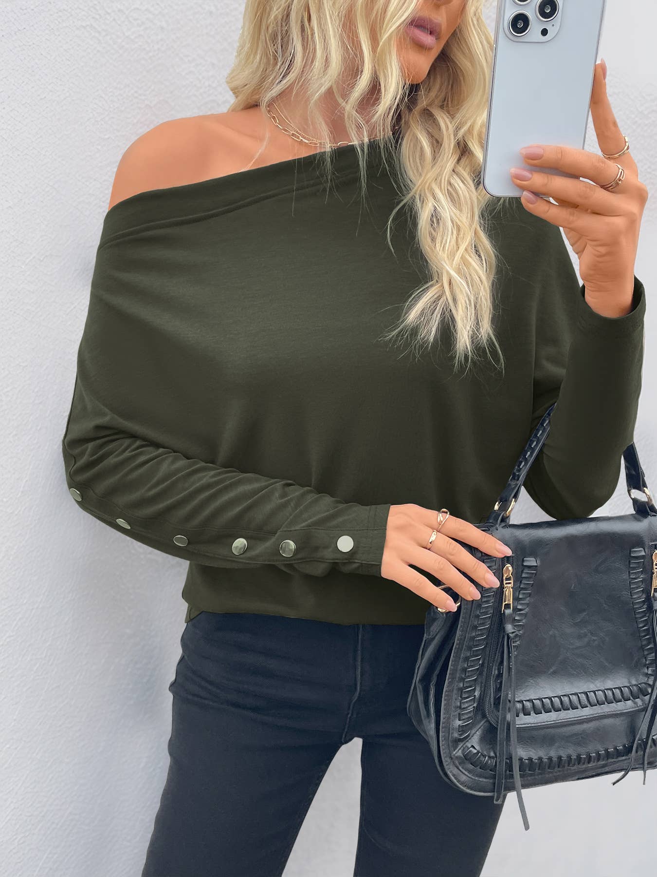 Slant-neck,off-the-shoulder,thin pullover Top