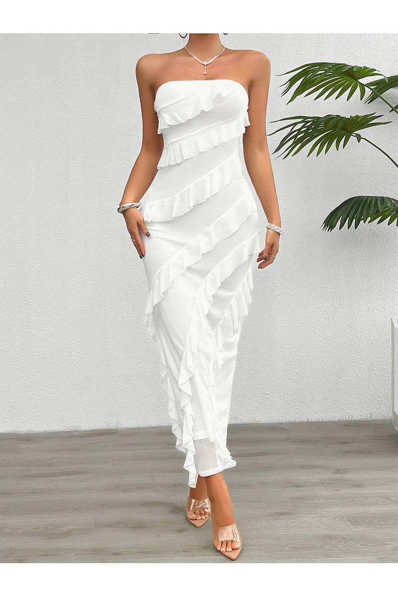 CWDMD2400_Sexy Strapless Backless Split Ruffle Dress