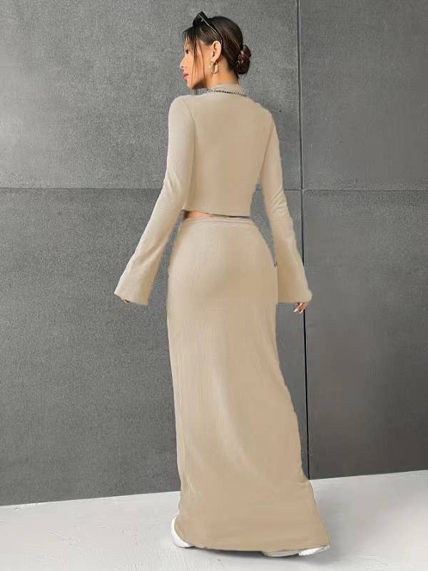 SOLID COLOR LONG SLEEVE TOP LONG SKIRT SET