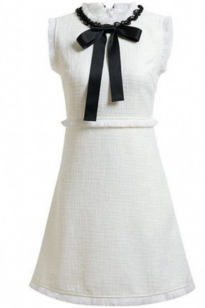 CWDSD6838_ROUND NECK SLEEVELESS TASSEL BOW DRESS