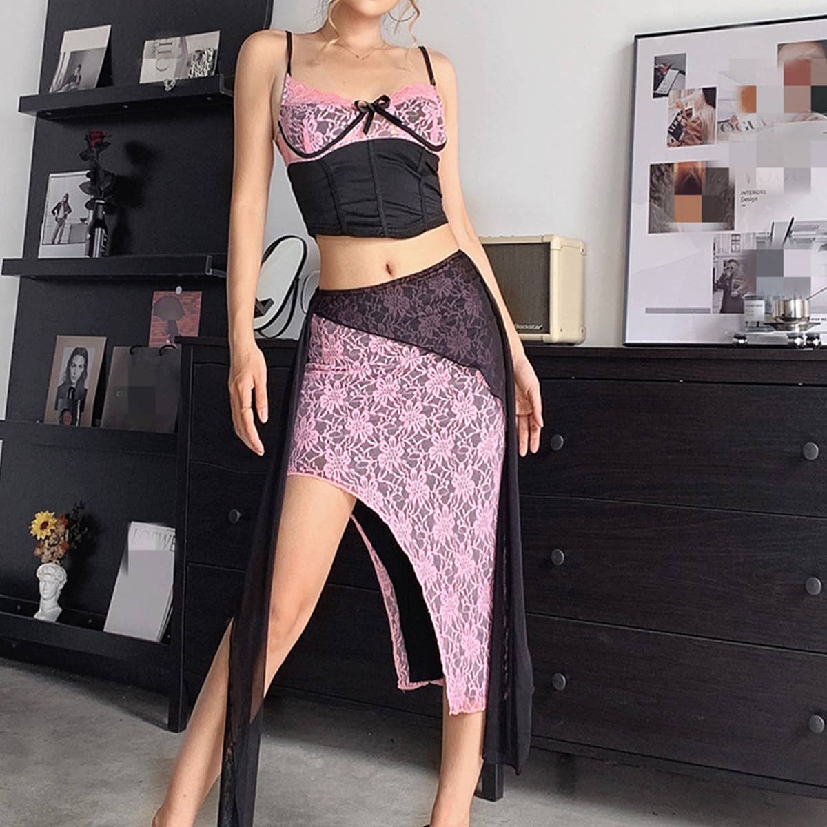 Lace strappy top lace-up cinched waist skirt set