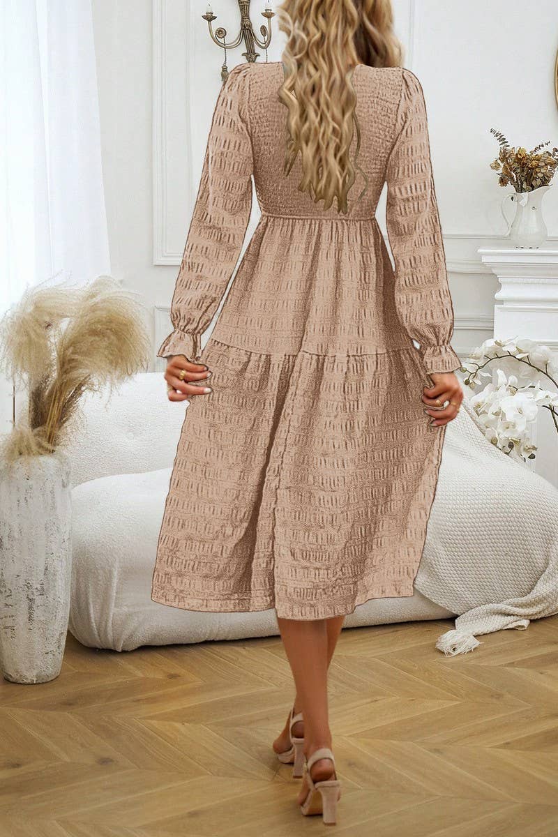 CWDMD4032_SOLID COLOR COMMUTING ROUND NECK PLEATED DRESS