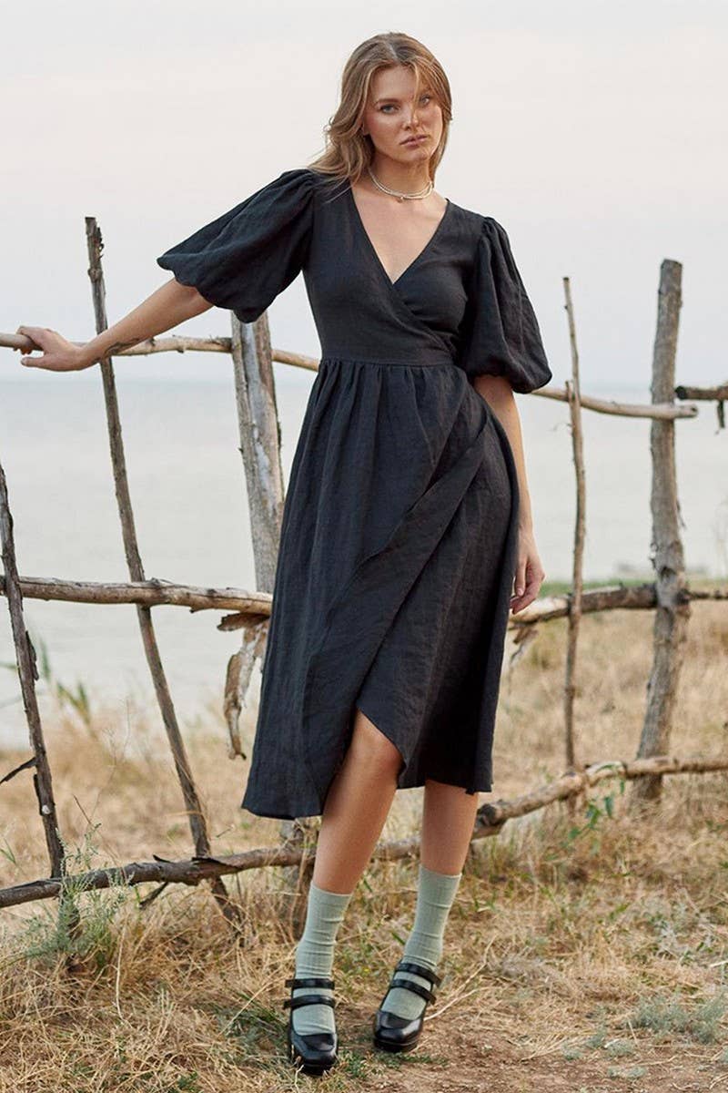 CWDMD5246_COTTON TIE-BACK PUFF SLEEVE MAXI DRESS