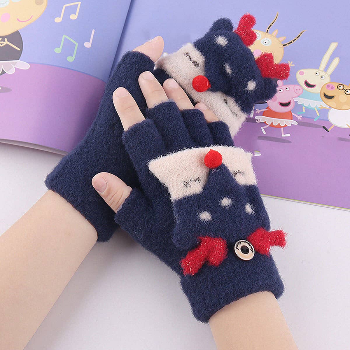 CARTOON HALF-FINGER FLAP KNITTED VELVET GLOVES_CWAG0238