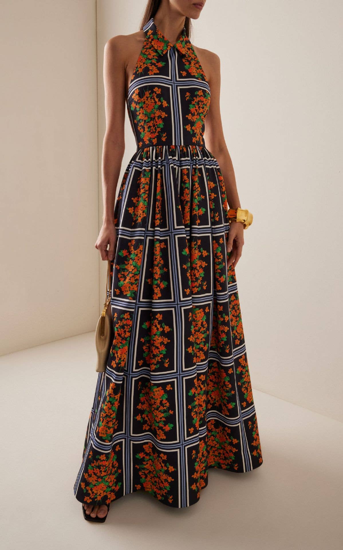 Sexy halter lapel print long elegant halter dress