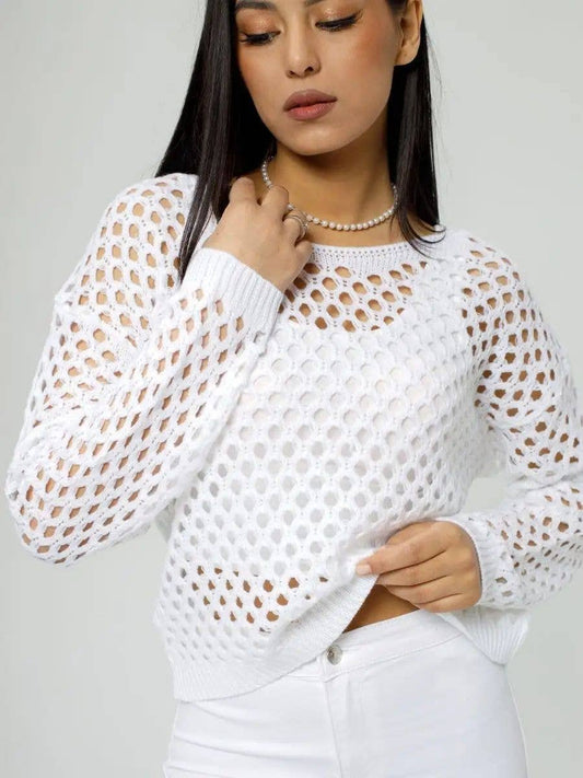 SOLID COLOR CREW-NECK HOLLOW-OUT LONG-SLEEVED TOP