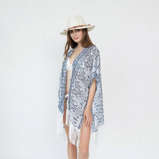 TASSEL PAISLEY PRINT OPEN FRONT KIMONO CARDIGAN
