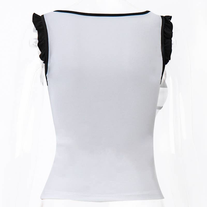 Lace-trimmed, contrasting color, slim short vest