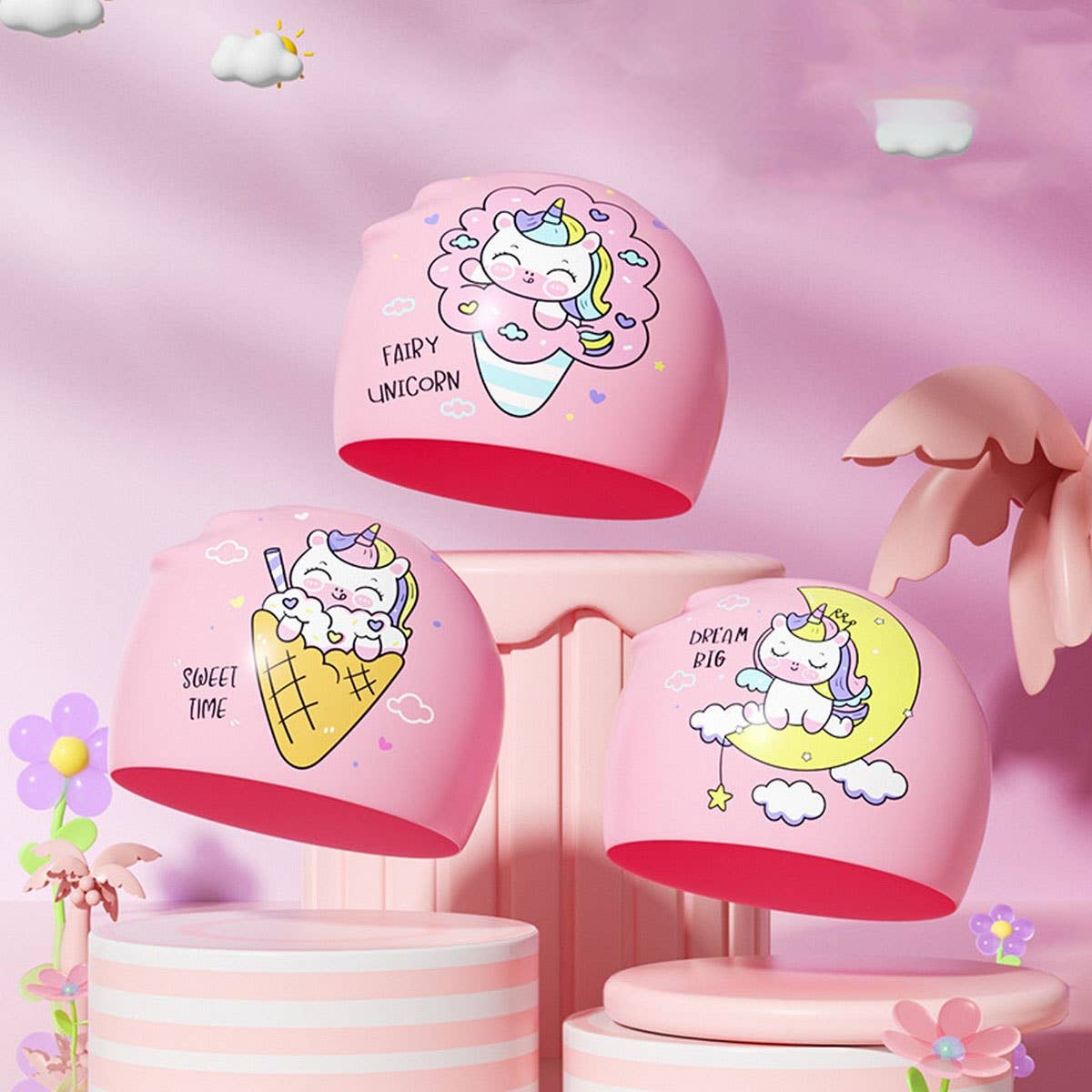 Girls Unicorn Swim Cap Silicone Waterproof Comfort