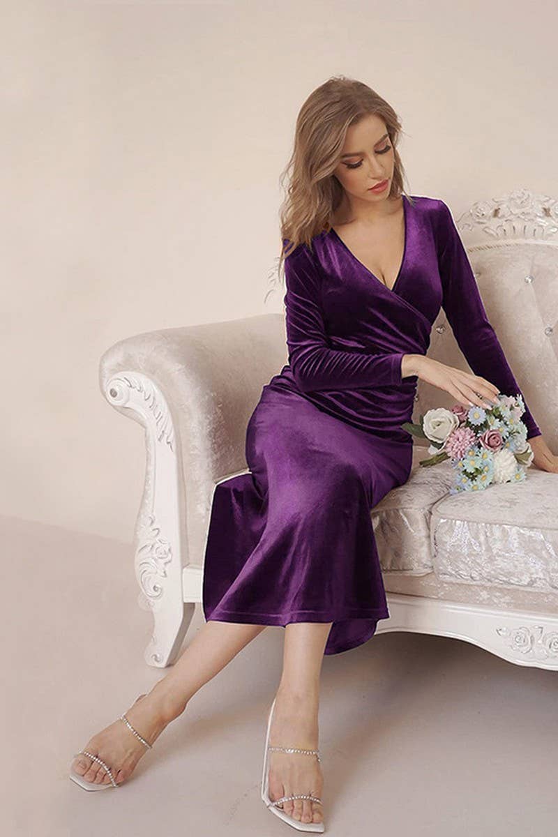 CWDMD3469_V-NECK PLEATED HIP-WRAPPED FISHTAIL EVENING DRESS