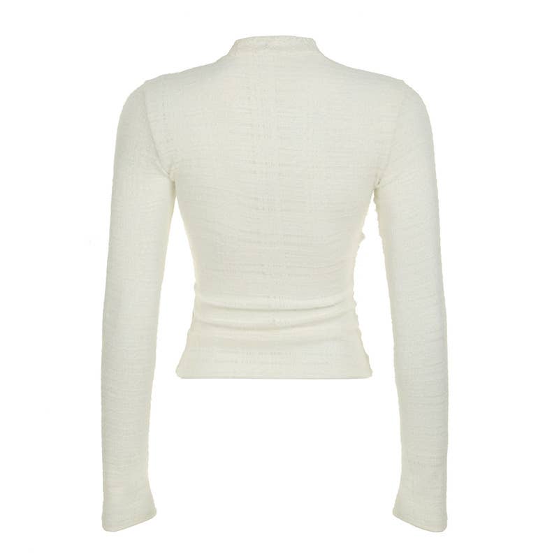 SOLID COLOR BOW AND LACE PULLOVER HALF-NECK TOP