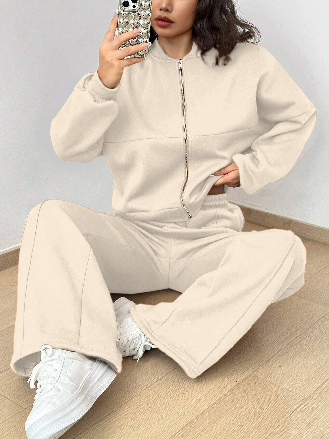 Zipper cardigan straight-leg sport pants set