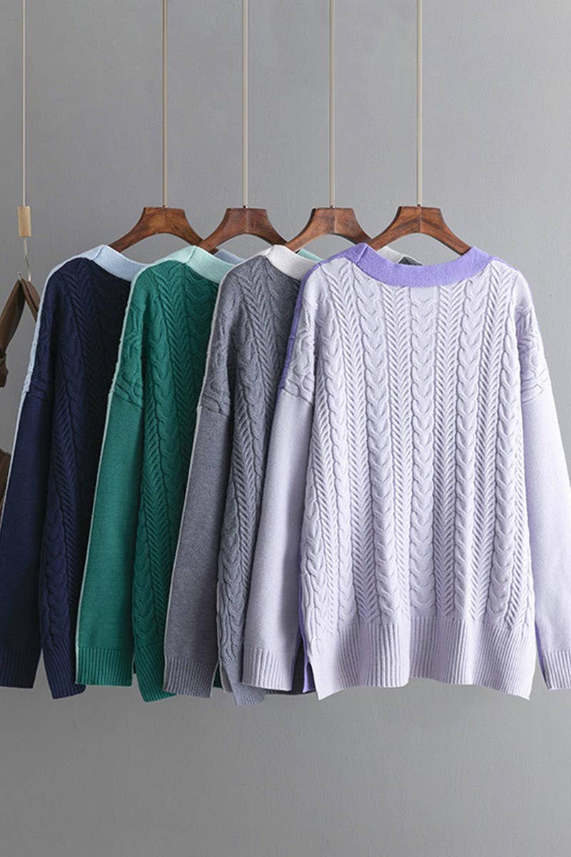 CWOCAL00678_LOOSE COLORBLOCK CABLE V NECK KNIT CARDIGAN