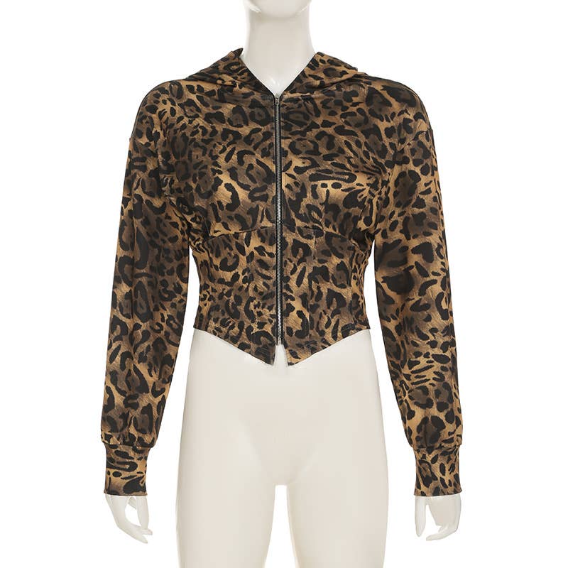 LEOPARD PRINT ZIPPER HOODIE PATCHWORK CARDIGAN