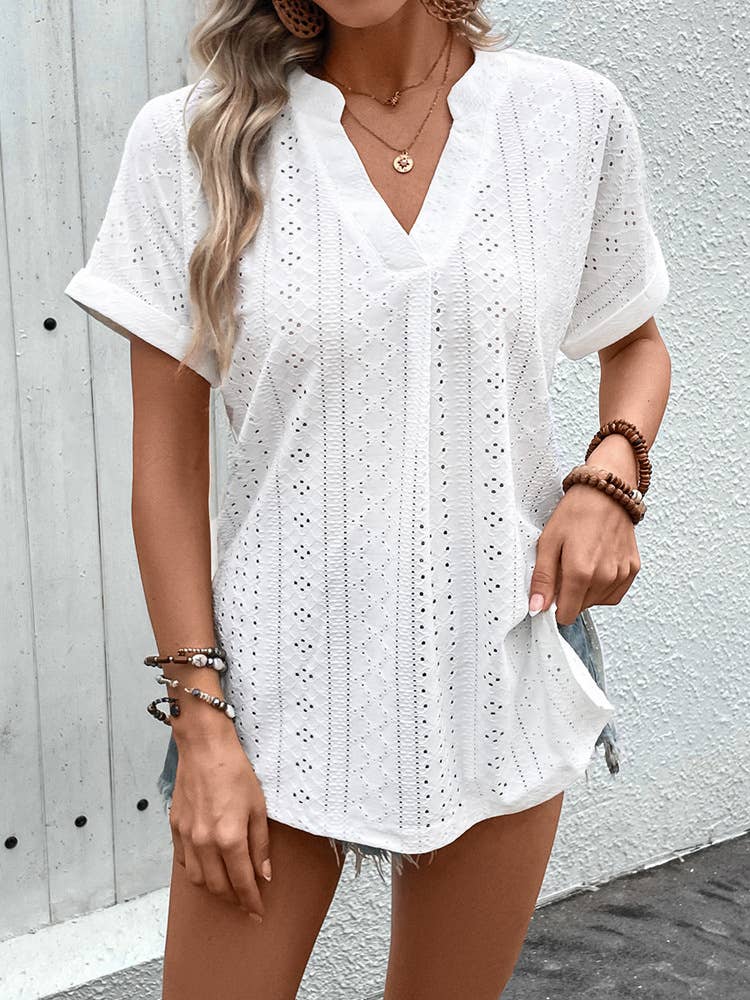 Textured jacquard V-neck short sleeve basic tee