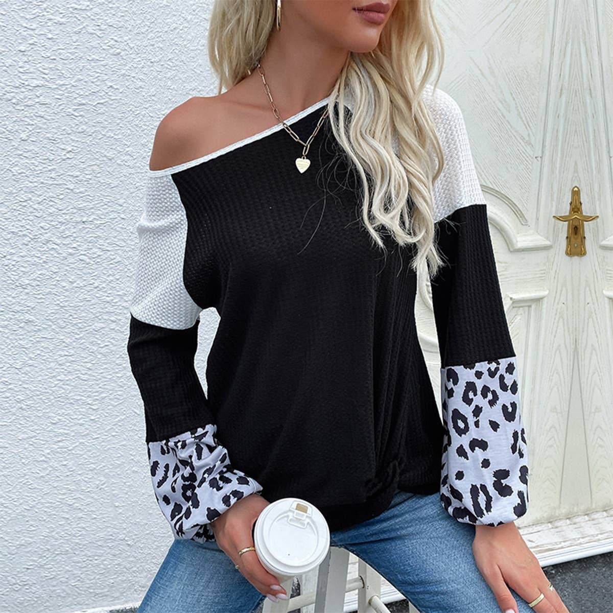 LEOPARD PRINT PATCHWORK LONG SLEEVE COLOR SWEATER