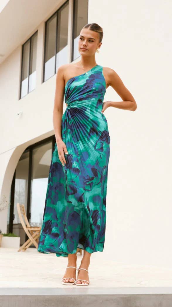 Sleeveless print pleated sloping shoulder dress