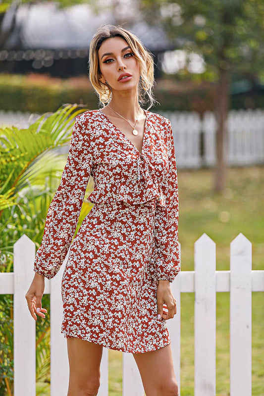 V-NECK WAIST FLORAL LONG-SLEEVED SHORT DRESS