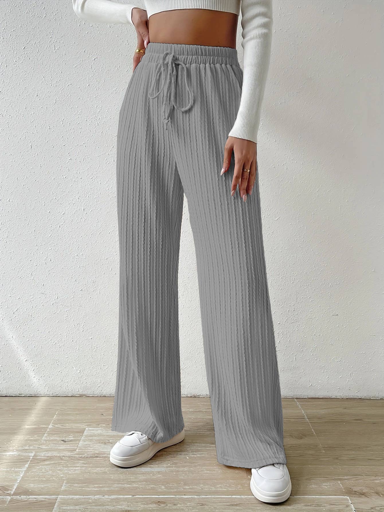 KNIT WIDE LEG STRAIGHT PANTS WITH WAIST TEXTURE