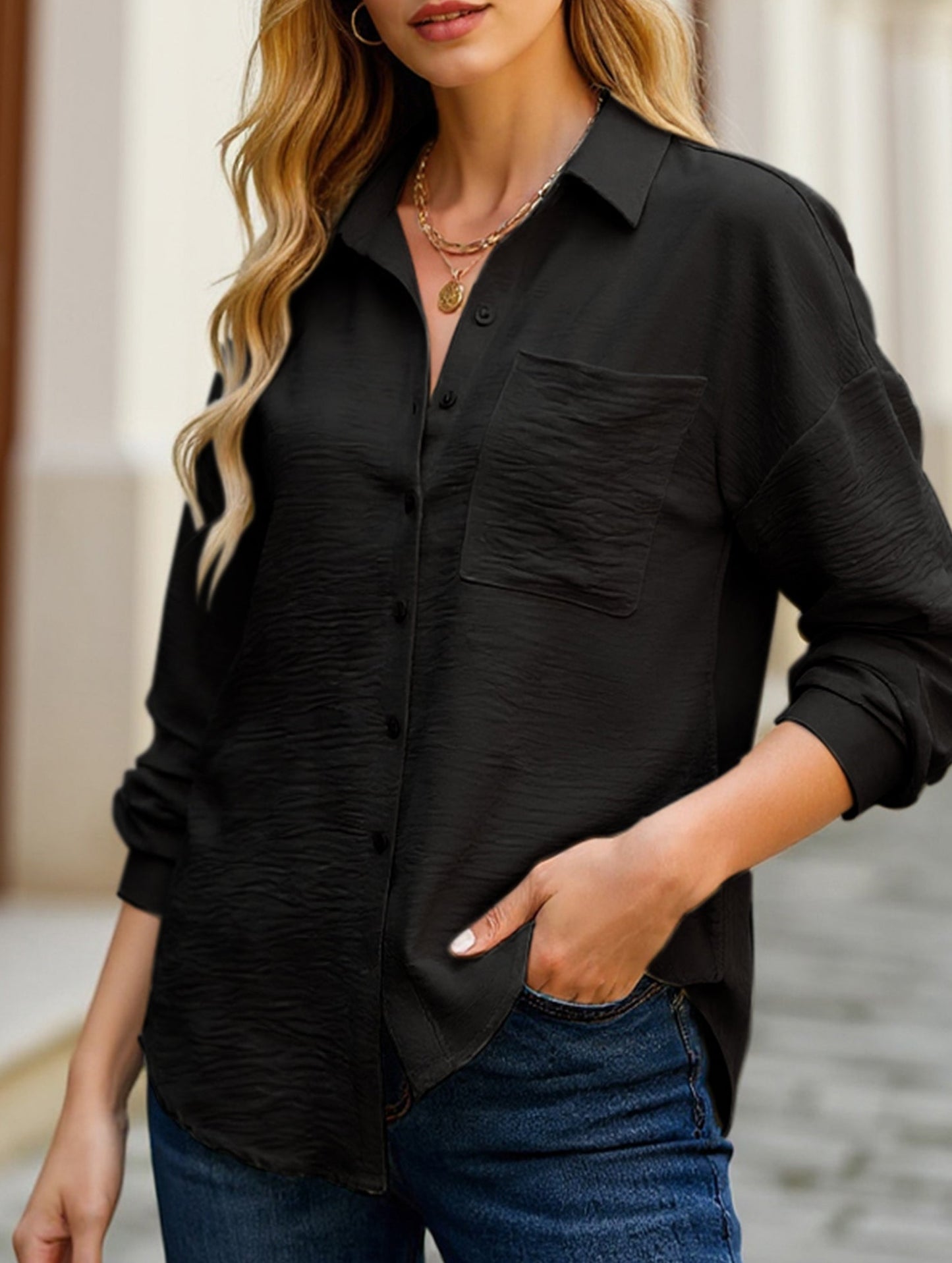 Casual versatile color-block long-sleeved shirt